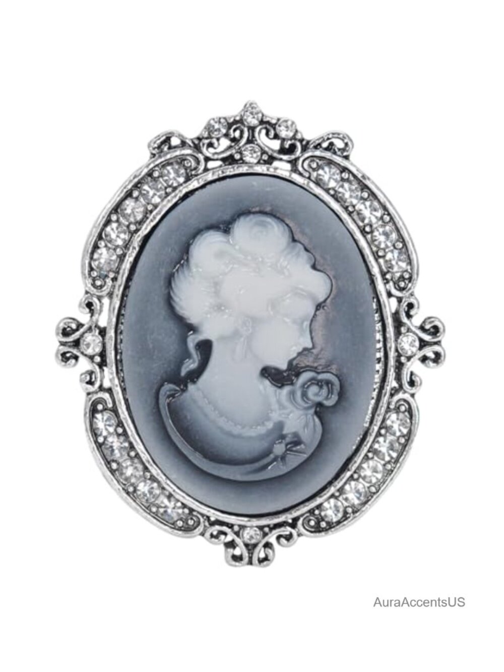 Victorian Cameo Brooch Clear Crystal Rhinestone Pin Pendant